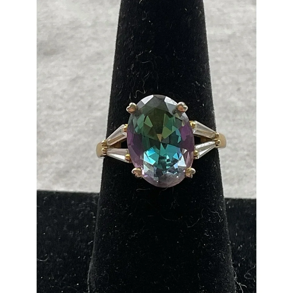 925 Sterling Silver Gold Vermeil Mystic Topaz Ring Size 7.75 Vintage Estate